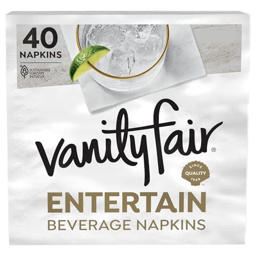 Vanity Fair Entertain Beverage Paper Napkins, 40 Count, Disposable | 2-ply cocktail napkins with a soft feel for hosting and entertaining; absorbent beverage napkins, 4.9" square.