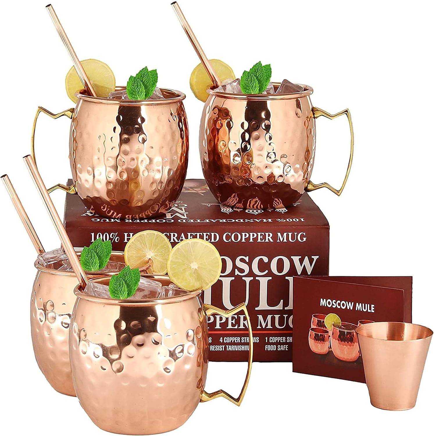 Moscow Mule Copper Mugs - Set of 4, 100% Pure Solid Copper 16 oz with Straws, Shot Glass & Recipe Booklet