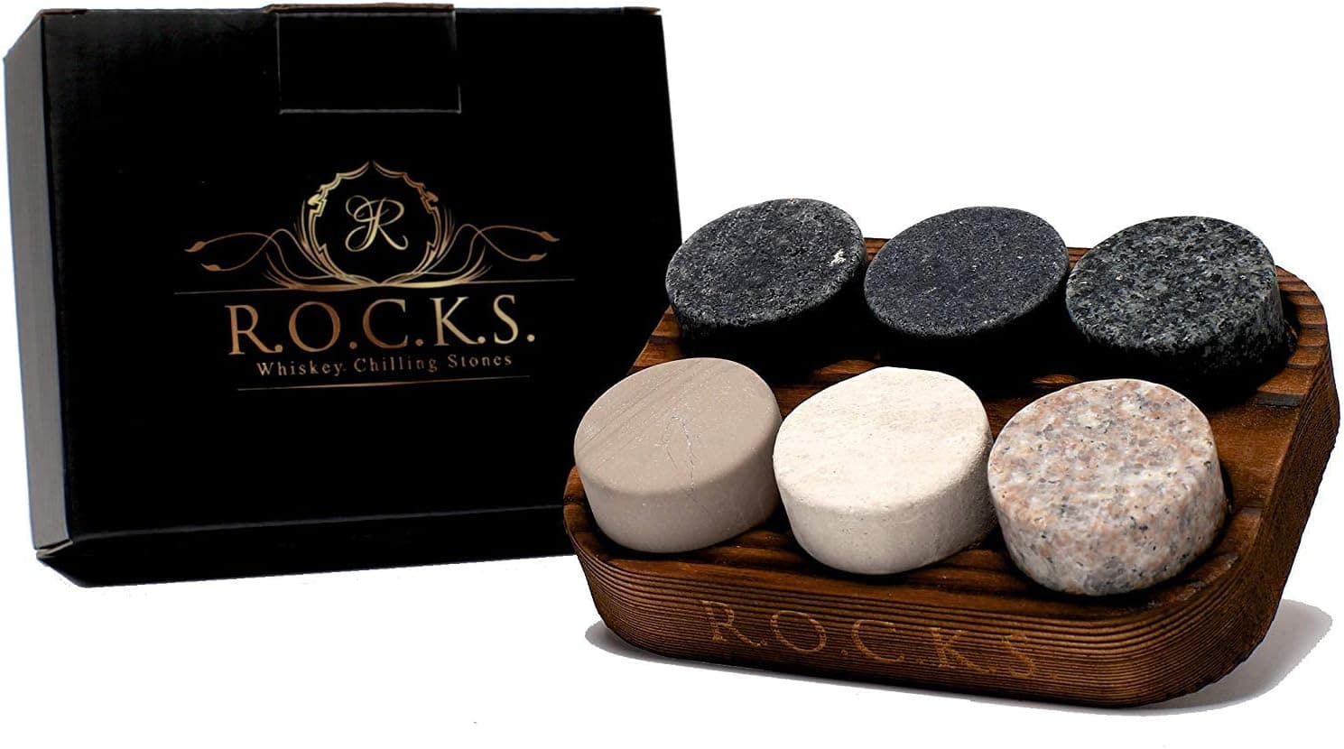 R.O.C.K.S. Whiskey Chilling Stones Set of 6 with Hardwood Tray