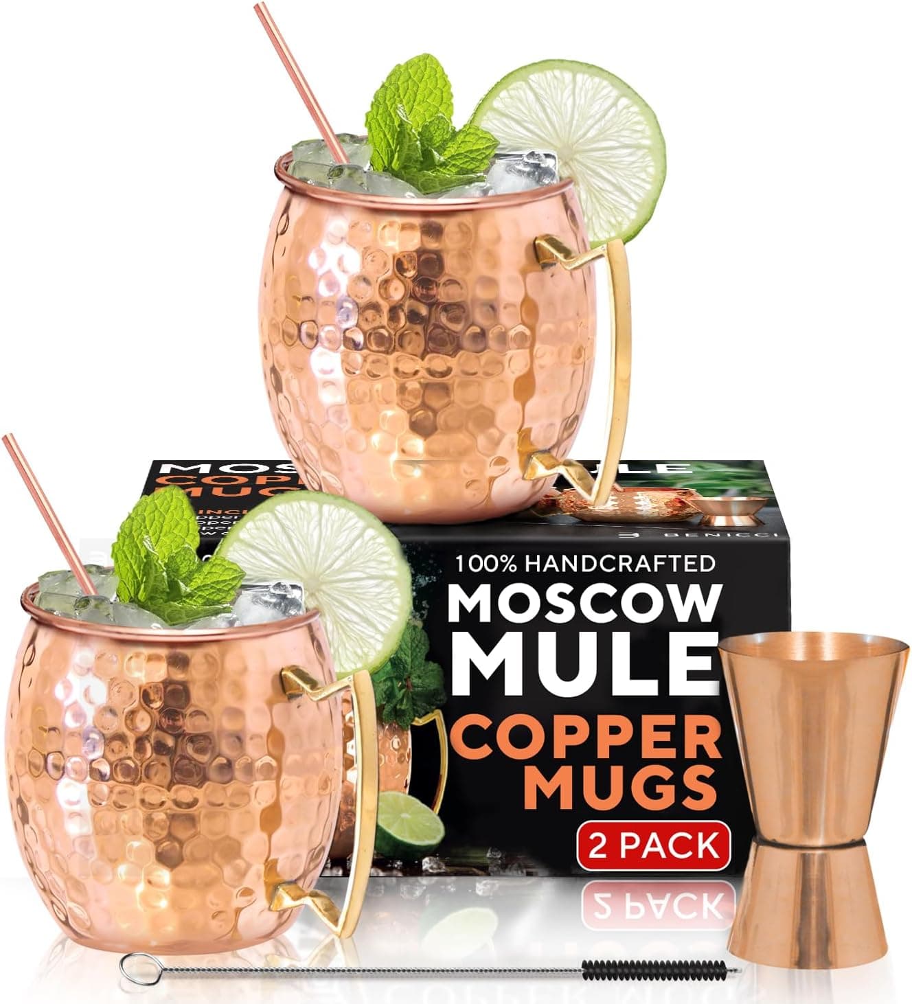 Benicci Moscow Mule Copper Mugs - Set of 2, 100% Handcrafted Pure Copper 16 oz Gift Set