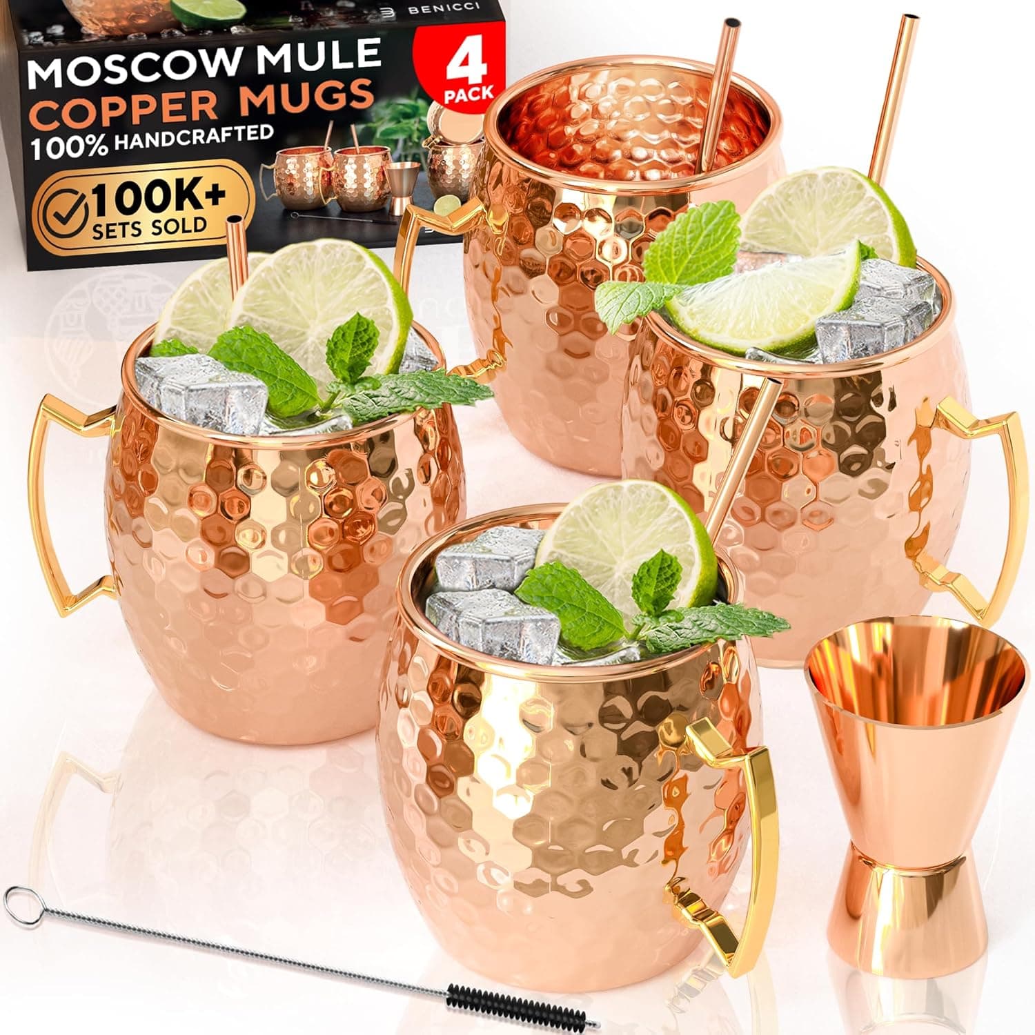 Benicci Moscow Mule Copper Mugs - Set of 4, 100% Handcrafted Pure Copper 16 oz with Straws & Jigger