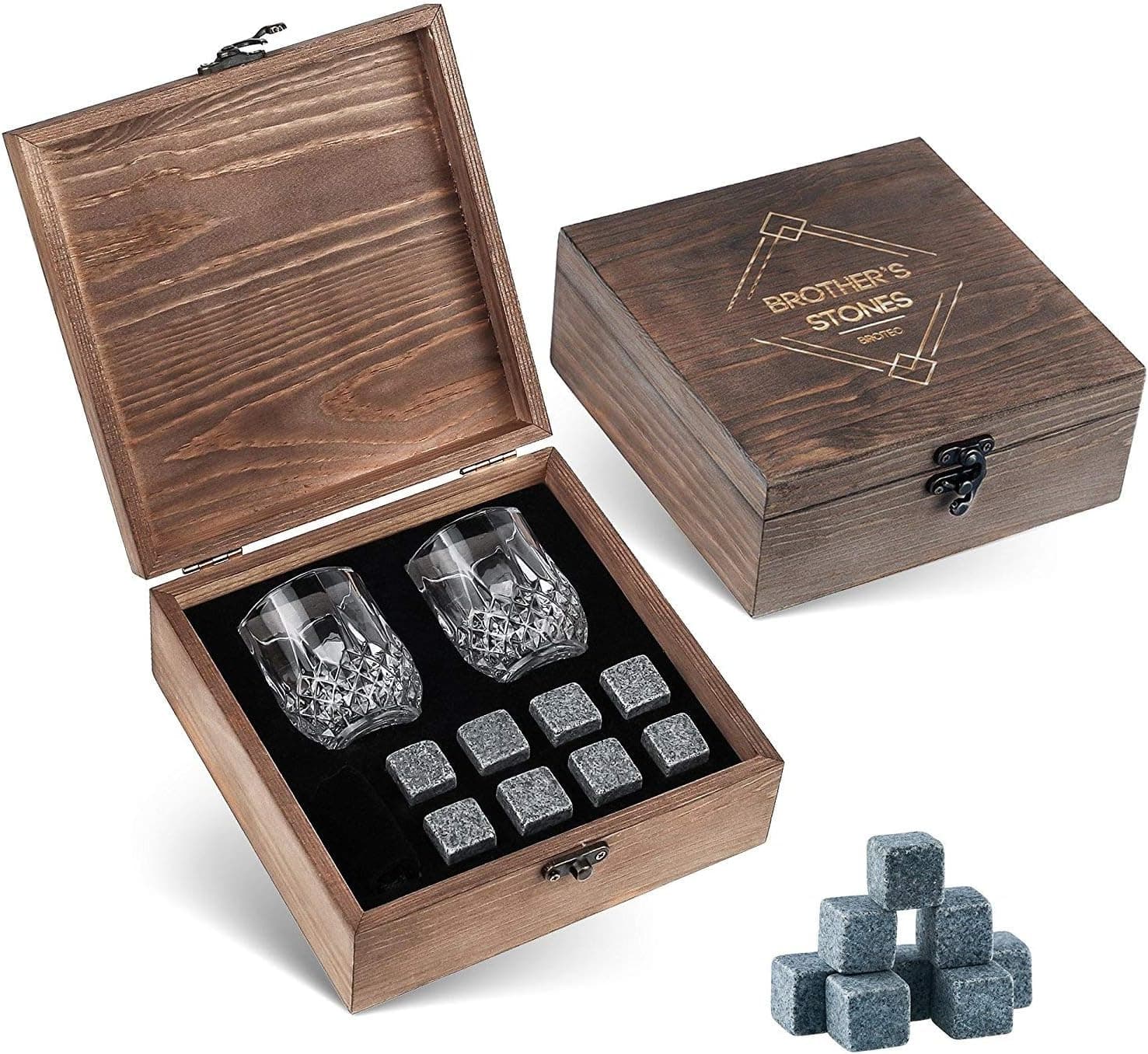 Whiskey Stones Gift Set, 8 Chilling Rocks + 2 Glasses in Wooden Box