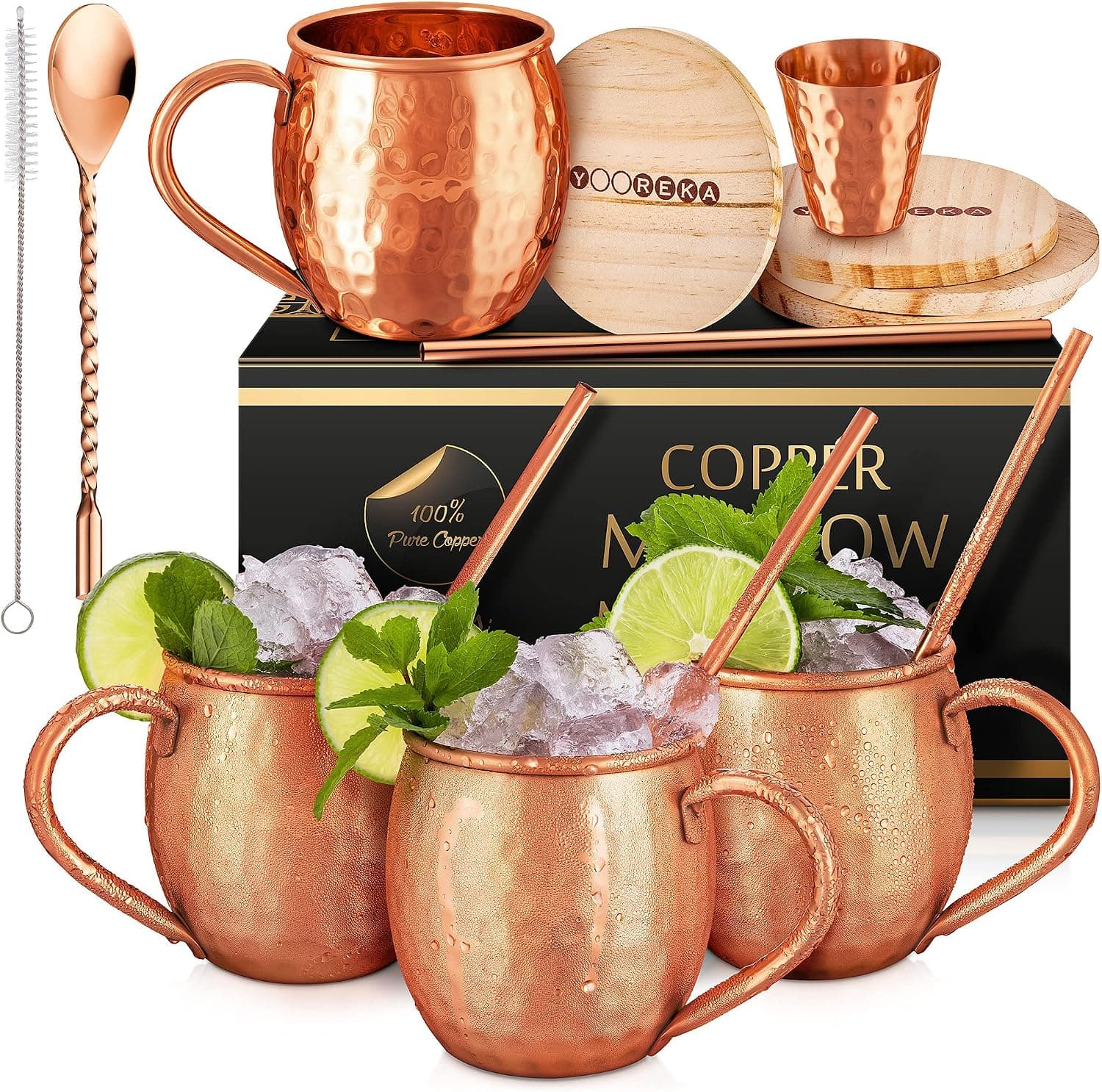 Yooreka Gift Set Moscow Mule Mugs Set of 4, 16 oz 100% Pure Copper Handcrafted with Straws & Coasters