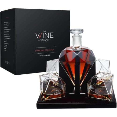 Luxury Diamond Whiskey Decanter Set with 4 Matching Glasses & Mahogany Wood Base - 750ml Hand-Blown Borosilicate Glass Liquor Dispenser for Bourbon & Scotch - Unique Home Bar Gift, Anniversaries Gifts