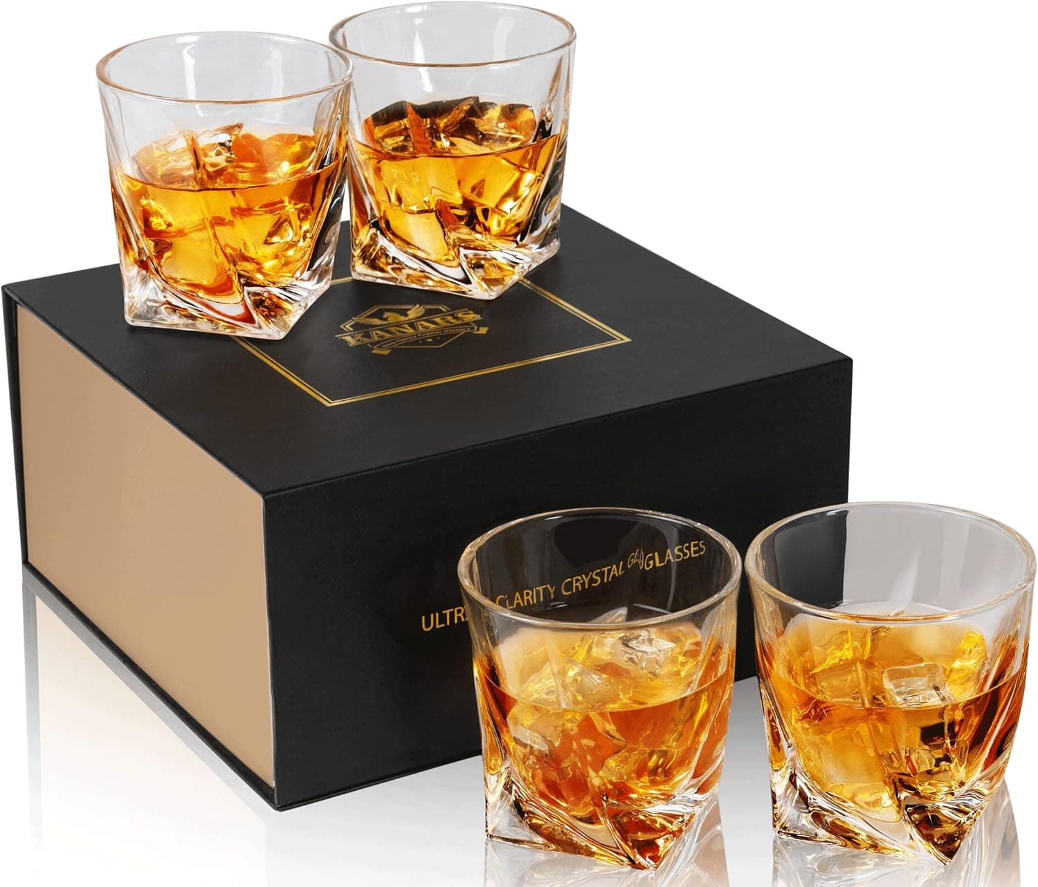 KANARS Whiskey Glasses Set of 4 10 Oz Crystal Twisted Lowball