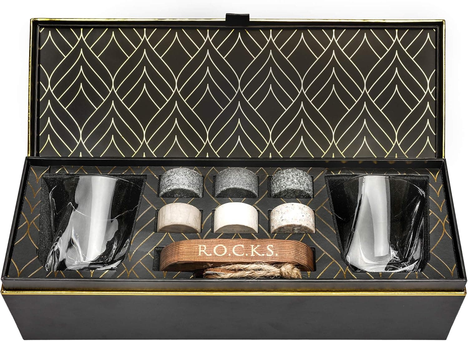 R.O.C.K.S. Whiskey Chilling Stones Gift Set, 6 Granite Rocks + 2 Glasses
