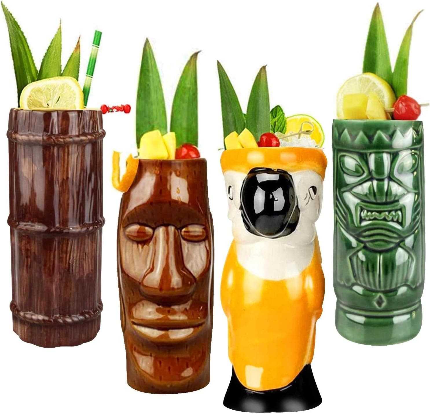LINALL Tiki Mugs Cocktail Set of 4 - Large Ceramic Hawaiian Party Mugs (TKSET0001)