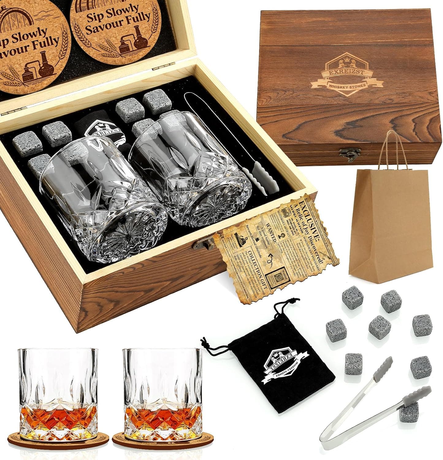 Whiskey Stones Gift Set with 2 Glasses & 8 Granite Chilling Rocks