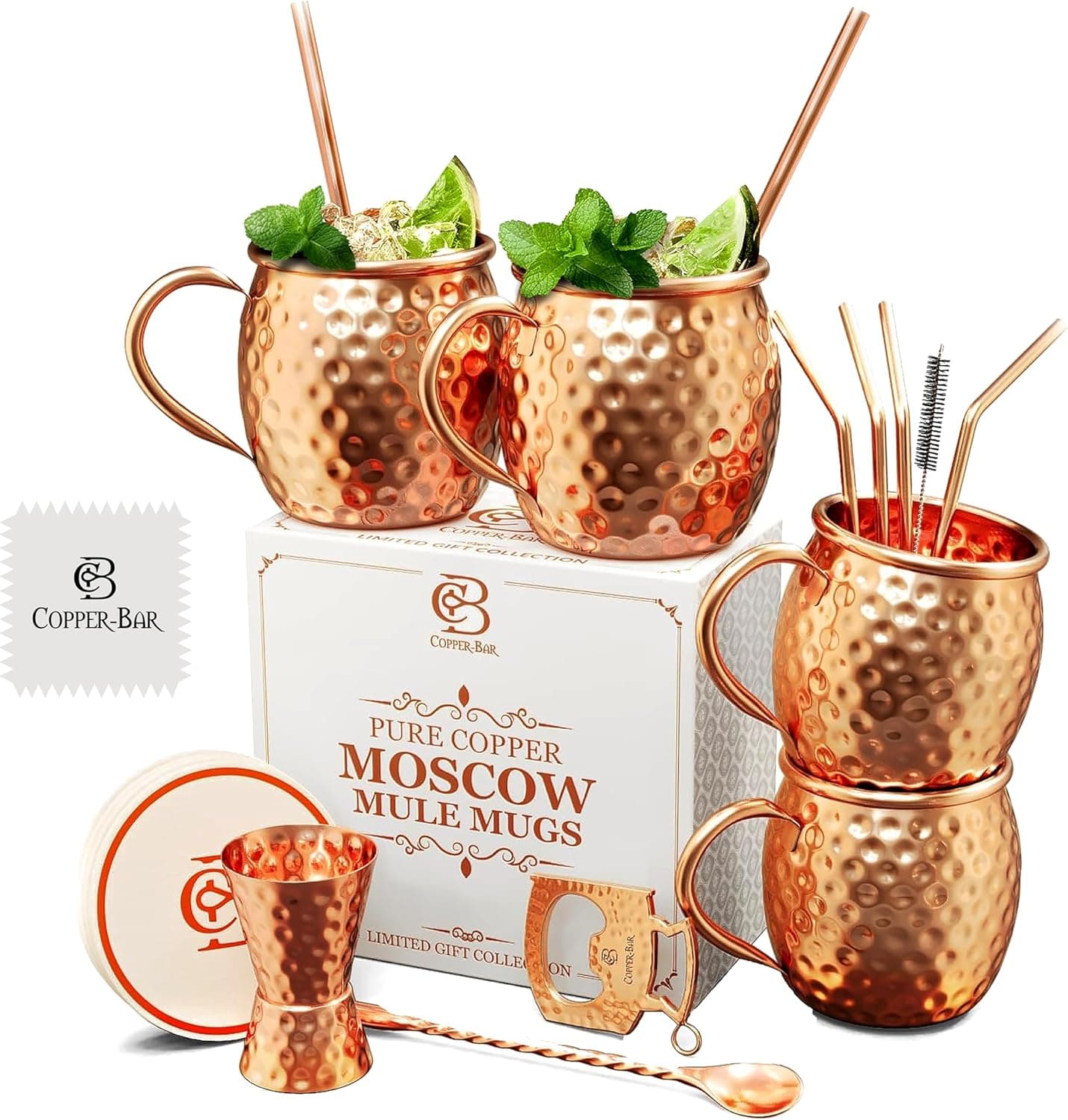 COPPER-BAR Moscow Mule Copper Mugs - Handcrafted Set of 4, Hammered 100% Pure Solid Copper 16 oz