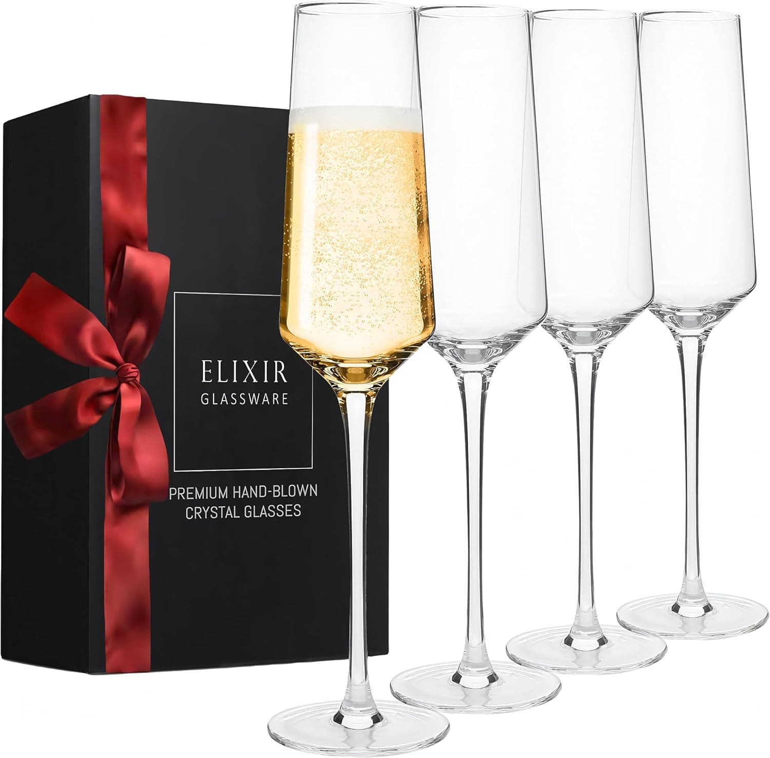 ELIXIR GLASSWARE Classy Champagne Flutes 8oz, Set of 4 Hand Blown
