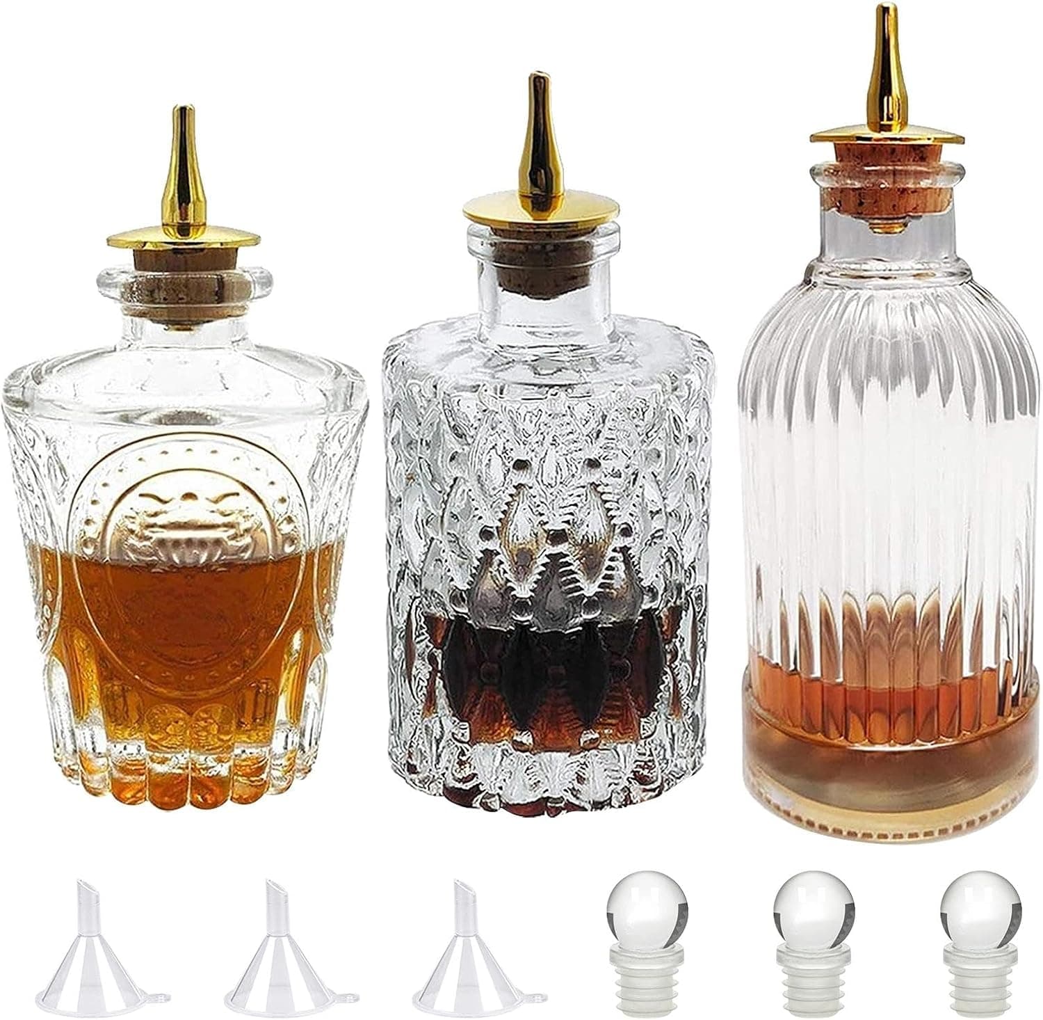 LINALL Bitters Bottle Set - Glass Vintage Decorative Bottles with Dash Top (3 pack)