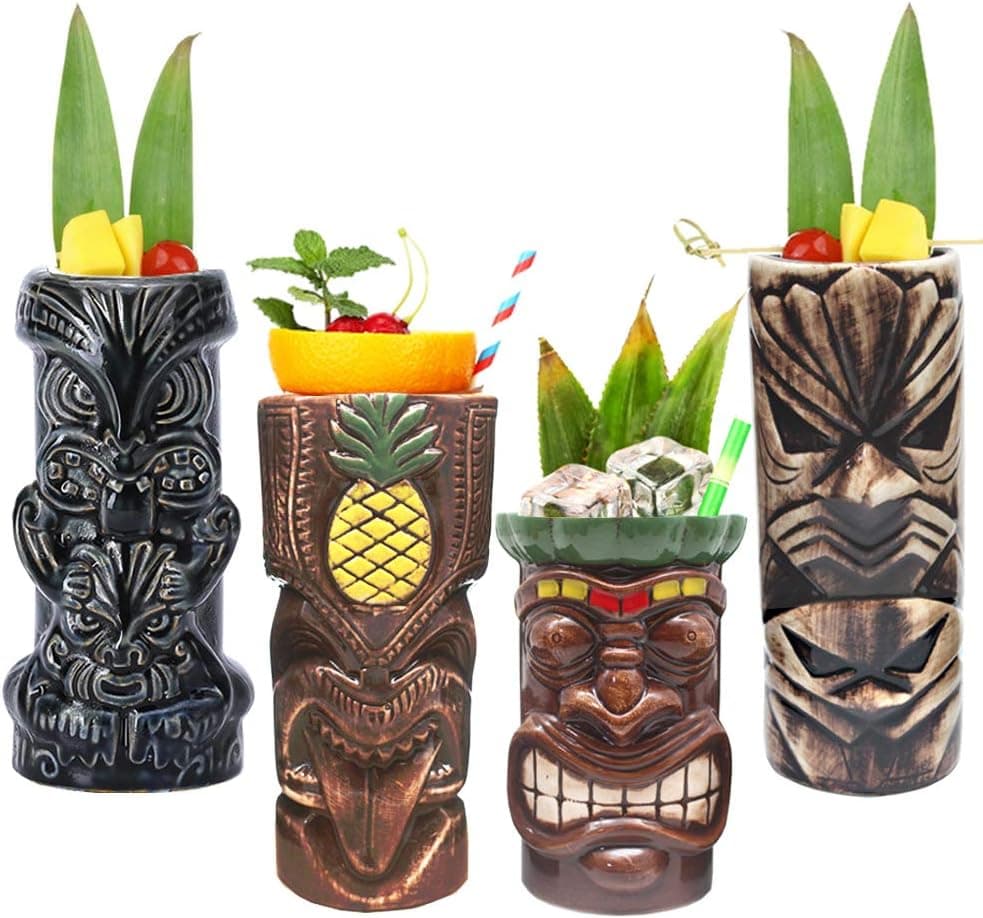 LINALL Tiki Mugs Cocktail Set of 4 - Large Ceramic Hawaiian Luau Party Mugs (TKSET0005)