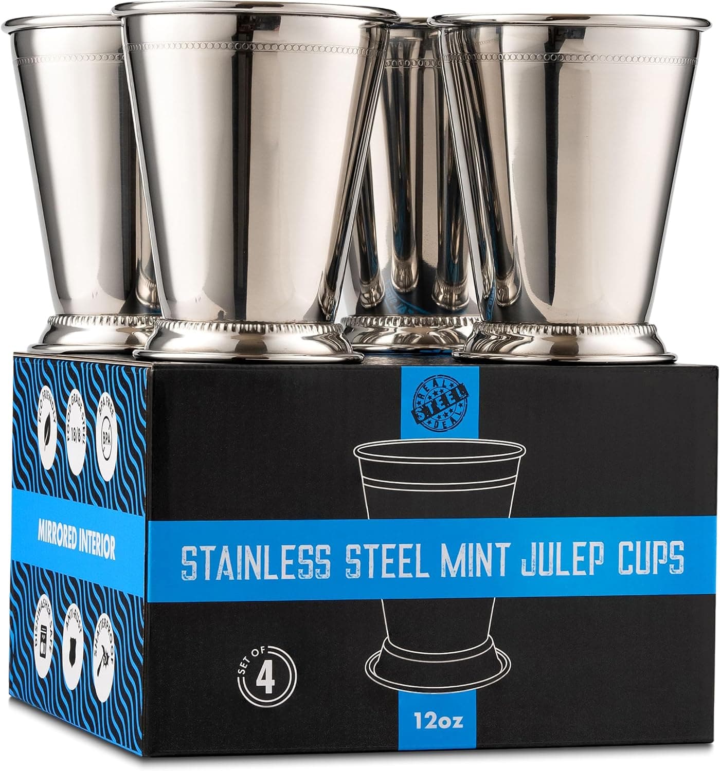 Mint Julep Cups Stainless Steel Set of 4 - Metal 12 oz Cocktail Glasses