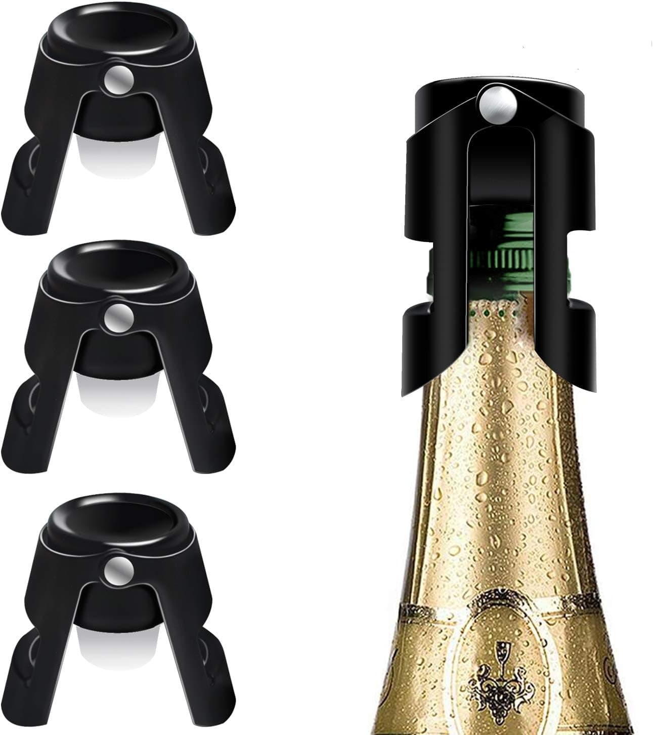 Champagne Stoppers Stainless Steel Black Sealer 3 Pack