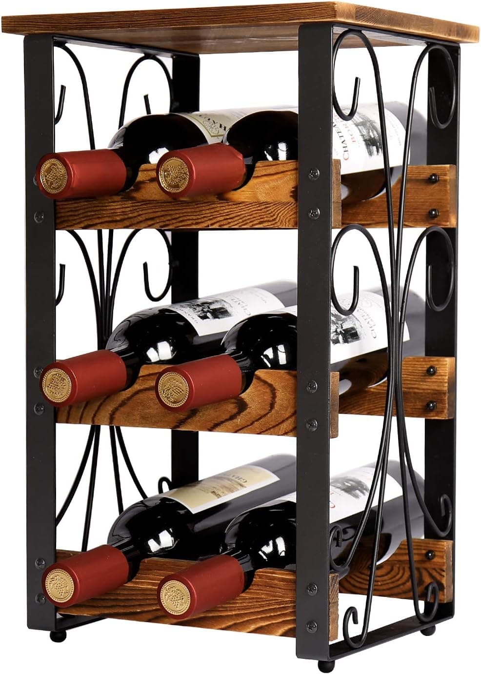 X-cosrack Rustic 6 Bottles Tabletop Wine Rack, 3 Tier Countertop Liquor Storage, Wood & Iron