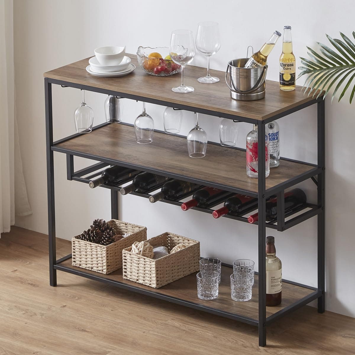LVB Wine Rack Table, Modern Wine Bar Cabinet with Bottle Shelf and Glass Holder, Rustic Oak 40 Inch