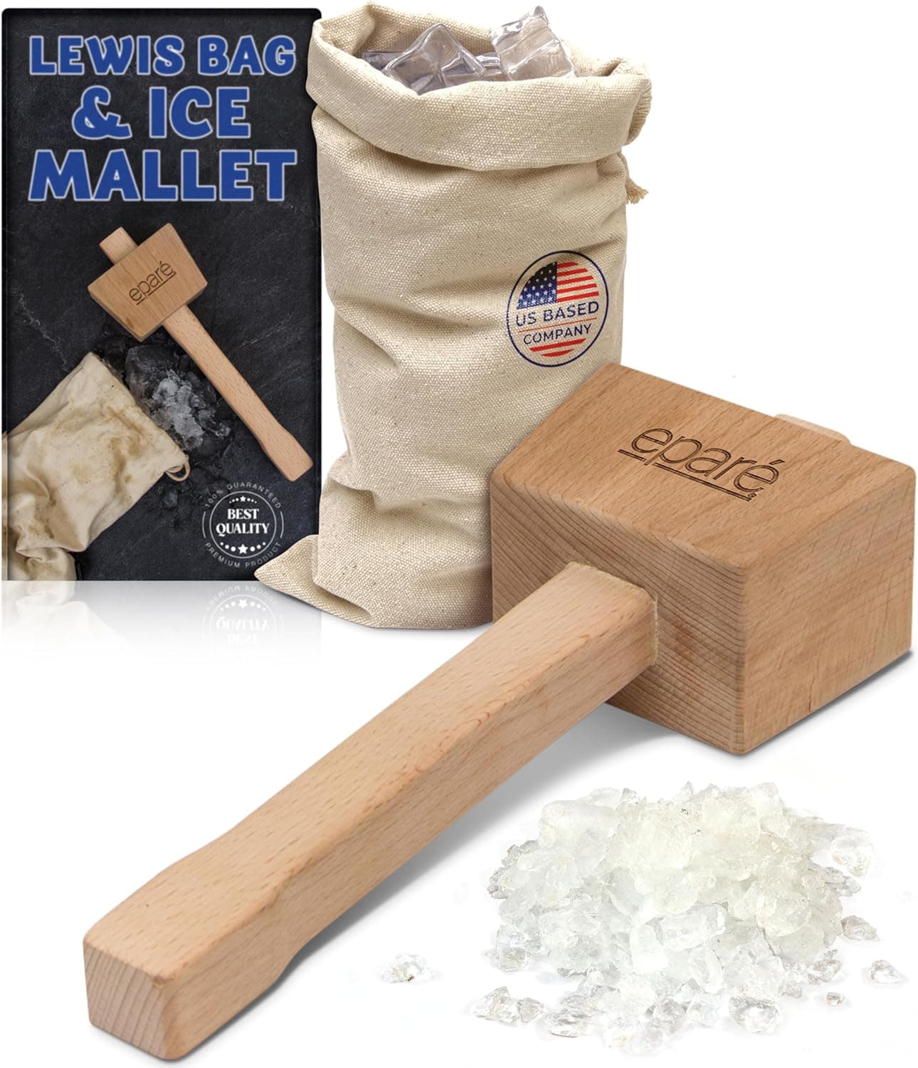 Epare Lewis Bag & Ice Mallet - Manual Ice Crusher Wooden Hammer, Canvas Crushing Bag