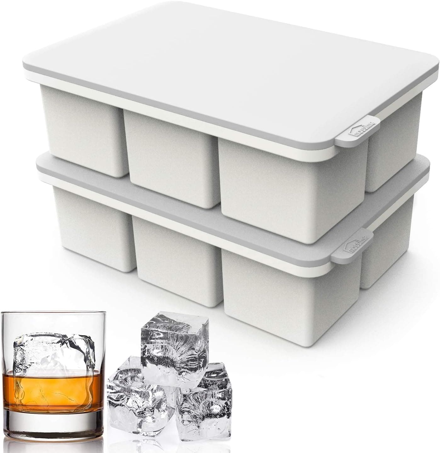 Mossime Large Square Whiskey Silicone Ice Cube Trays with Lid, 2-Pack