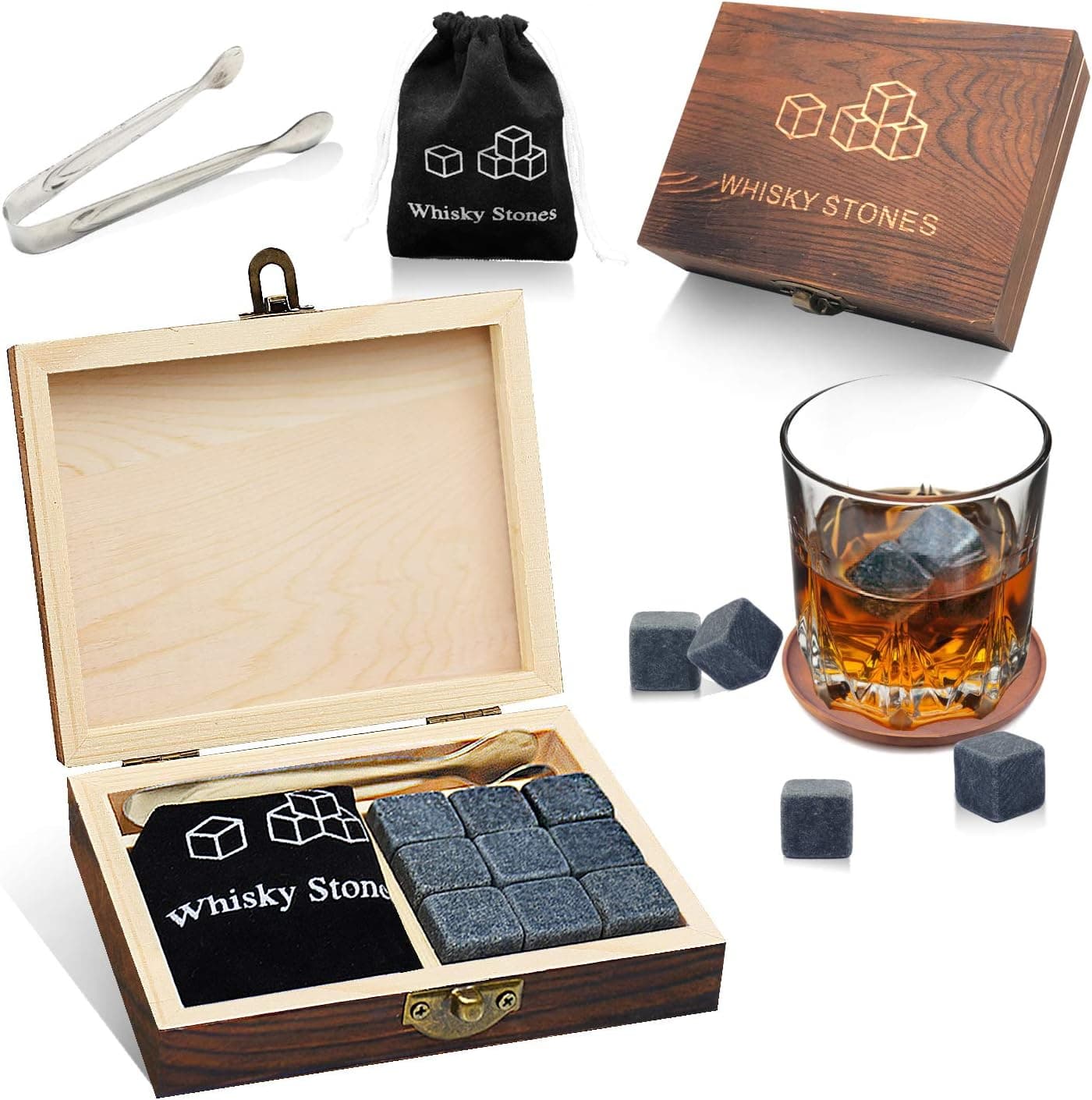 MAKHISTORY Whiskey Stones Gift Set, 9 Granite Rocks with Tong