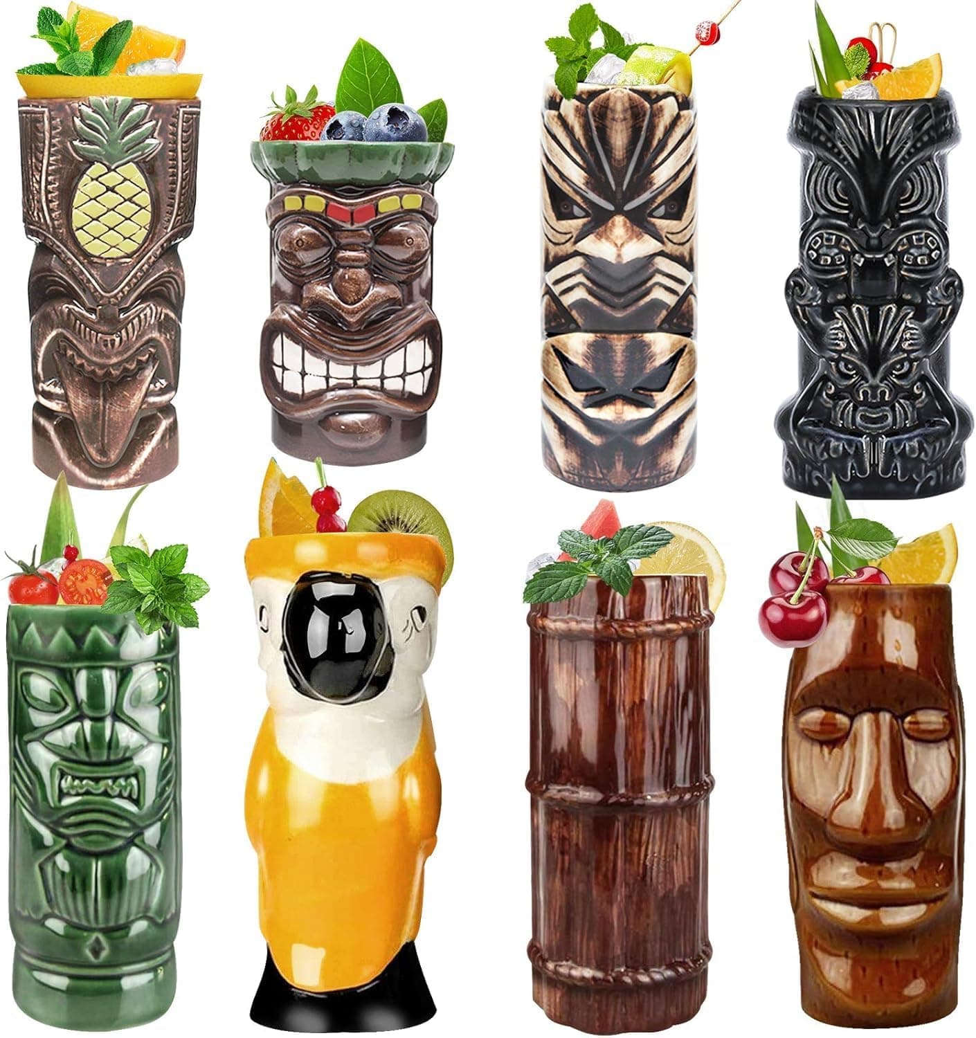 LINALL Tiki Mugs Cocktail Set of 8 - Ceramic Hawaiian Party Exotic Cocktail Glasses
