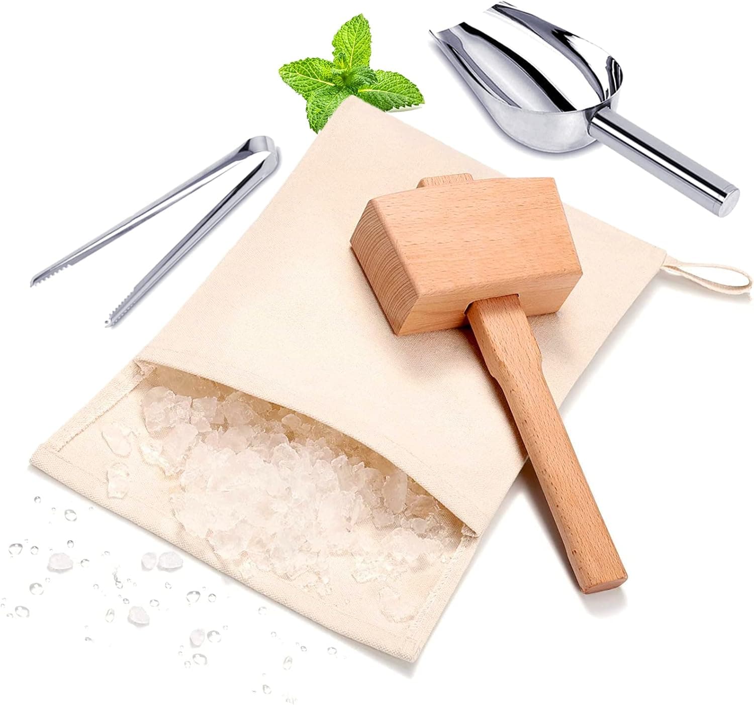 Lewis Bag and Wooden Mallet Crusher, Reusable Canvas Crushed Ice Bags, Steel Ice Scoop and Tongs
