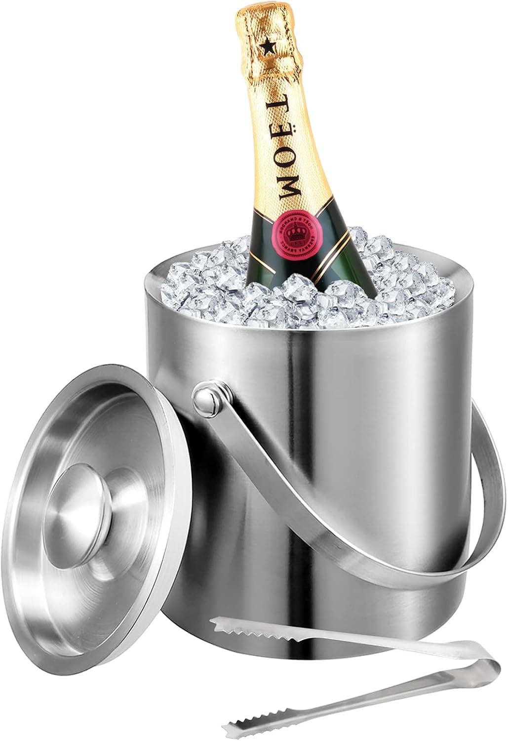 Stainless Steel Ice Bucket with Lid and Tongs, Double-Walled 2L