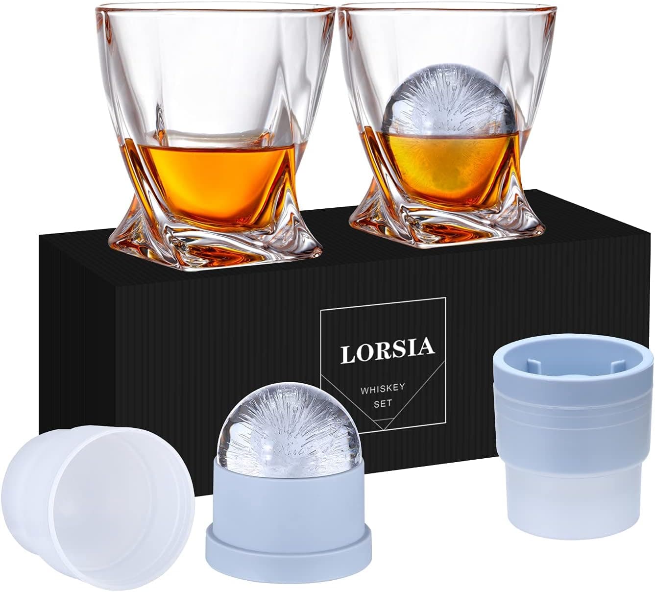 Whiskey Rocks Glass Set of 4 with Ice Ball Molds 11 Oz