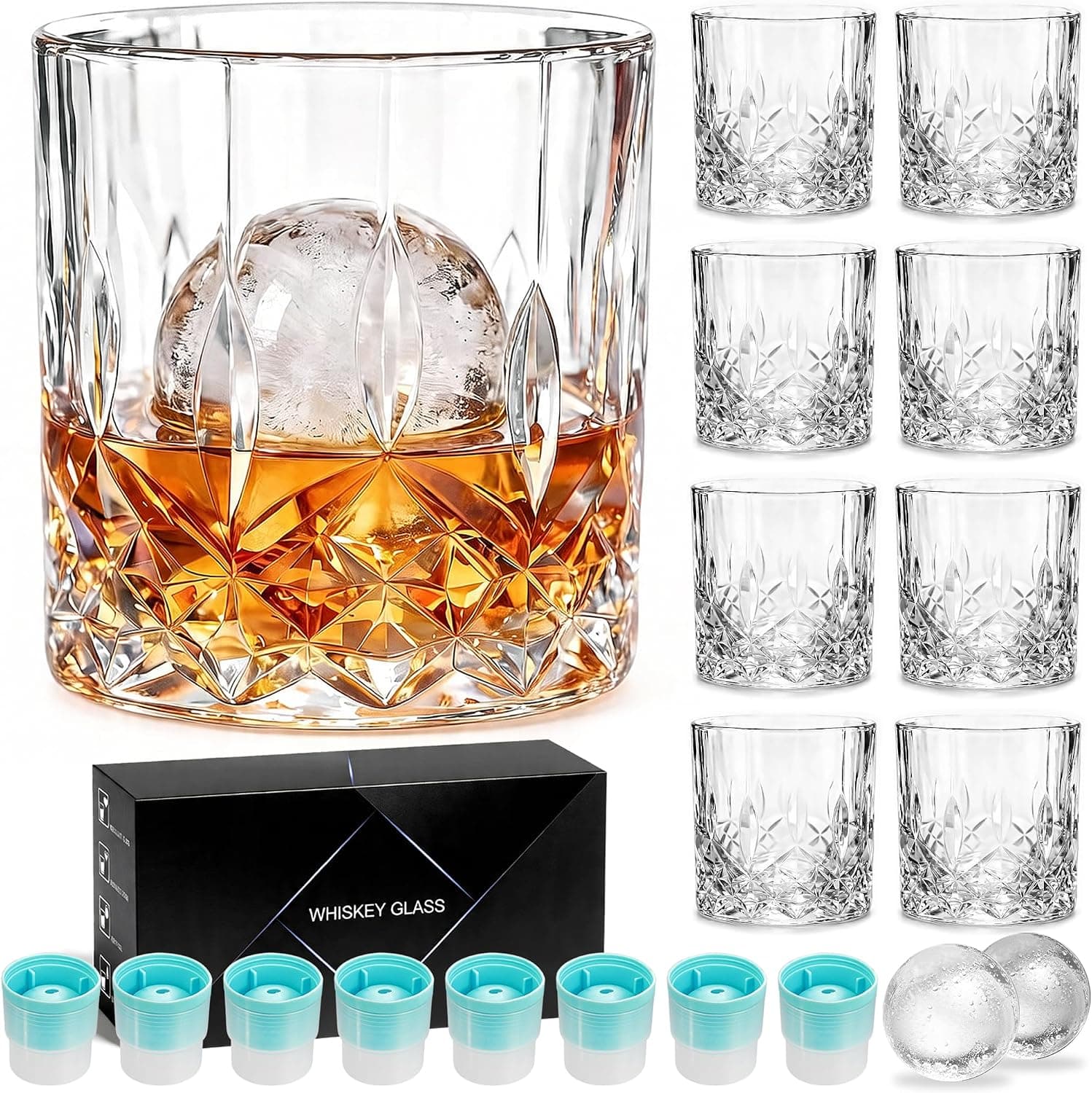 QUMMFA Whiskey Glasses Set of 16 with Ice Ball Molds 11 OZ