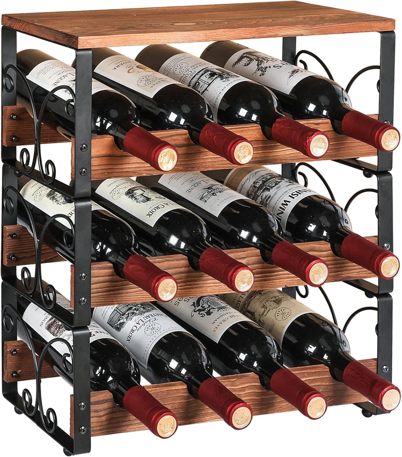 Countertop 12 Bottle Wine Holder Stand, 3 Tier Stackable Wood and Metal