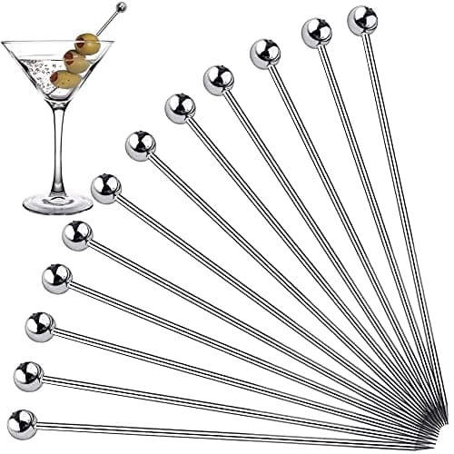 Metal Cocktail Picks for Drinks Stainless Steel 4 Inches Martini Olive Skewers Fancy Bar Toothpicks Drink Garnish Bloody Mary Skewers Appetizer Fruit (12Pcs Silver, 4 inch)