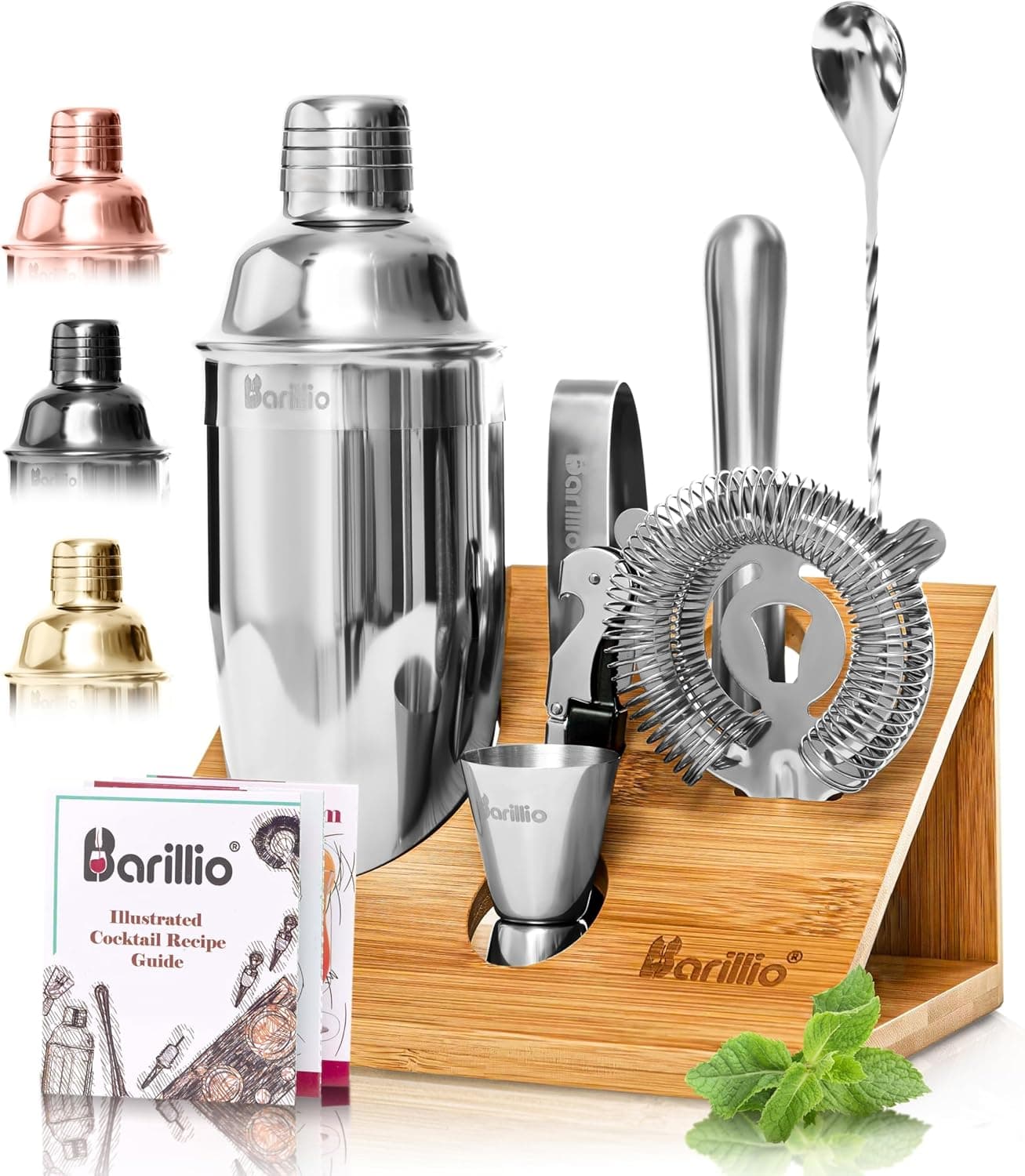 Barillio Bartender Kit Stainless-Steel Cocktail Shaker Set with Bamboo Stand