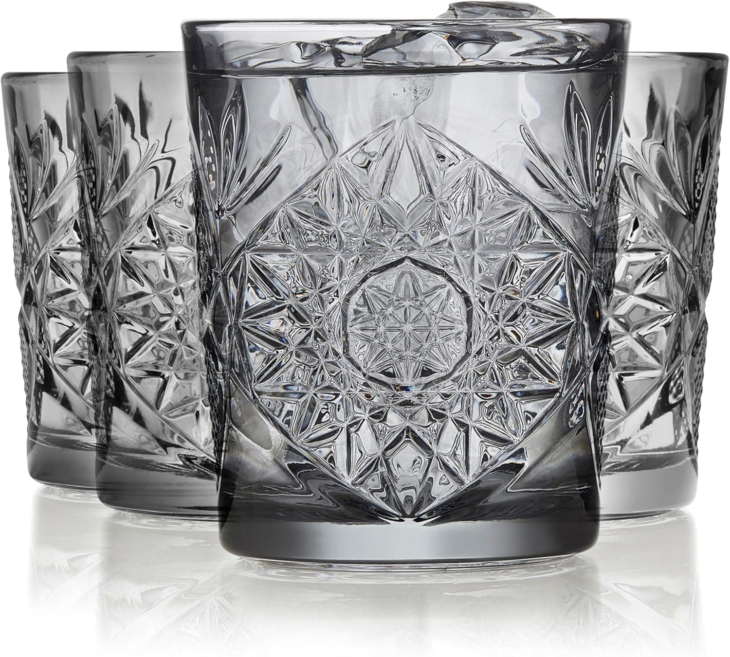 Libbey Hobstar Double Old Fashioned Glasses Smoke Cut Glass, Set of 4, 12oz