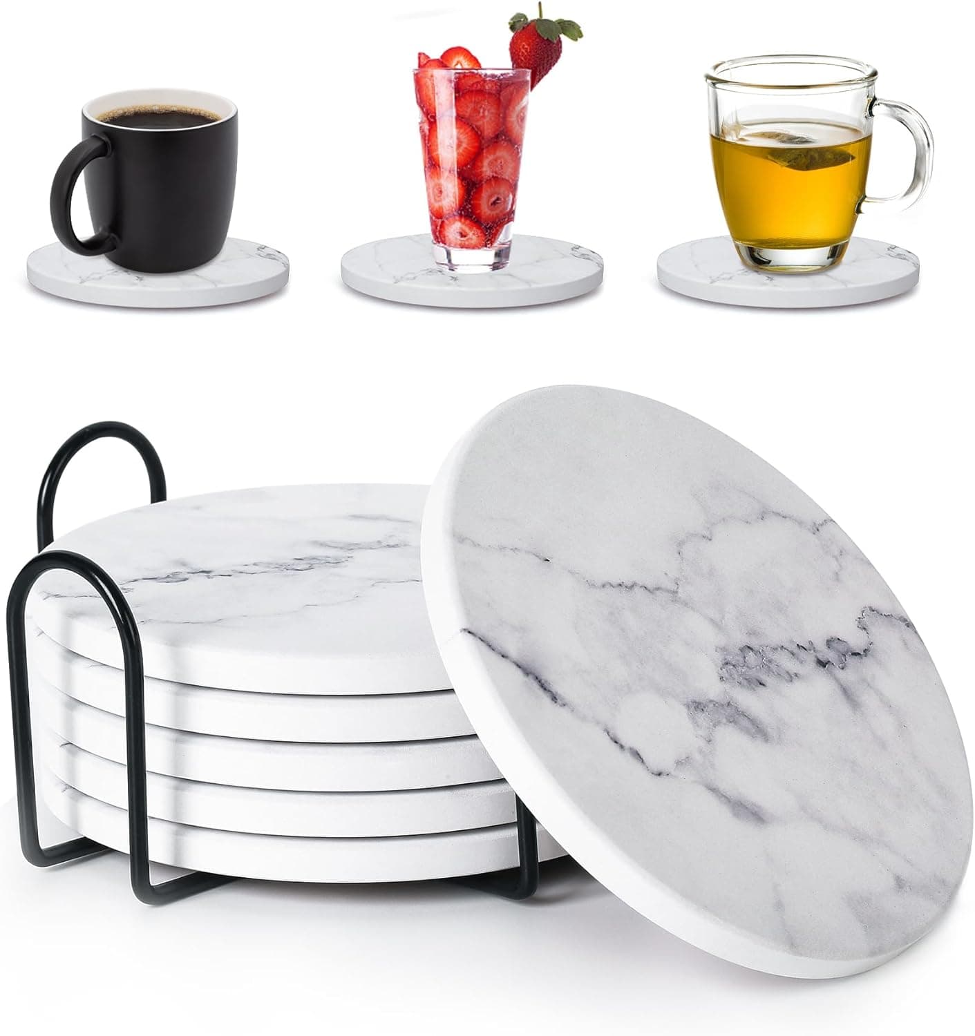 Ceramic Absorbent Coasters Set of 6 with Holder (White Marble)