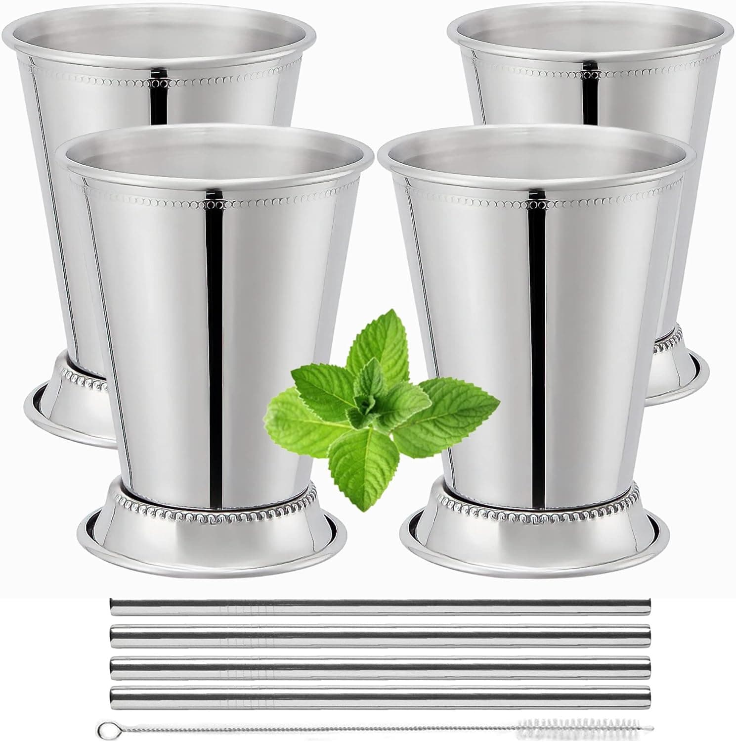 Mint Julep Cups Set of 4 with Straws - Polished 12 oz Commercial Grade Stainless Steel Derby Cups