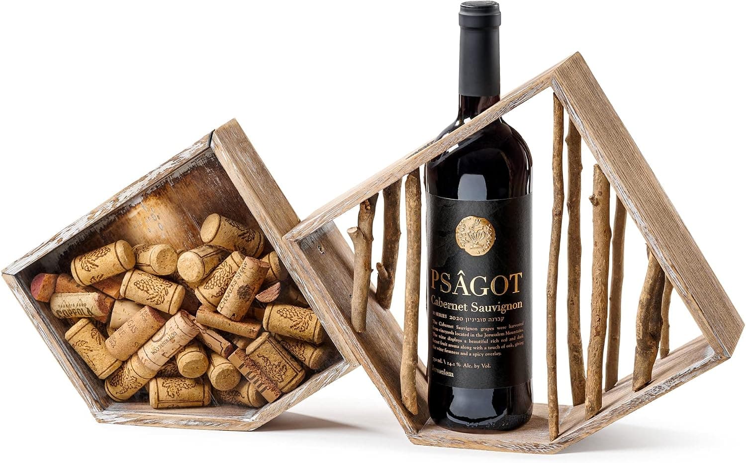 Rustic Birch Wood Single Wine Bottle Rack with Cork Holder, Countertop Display