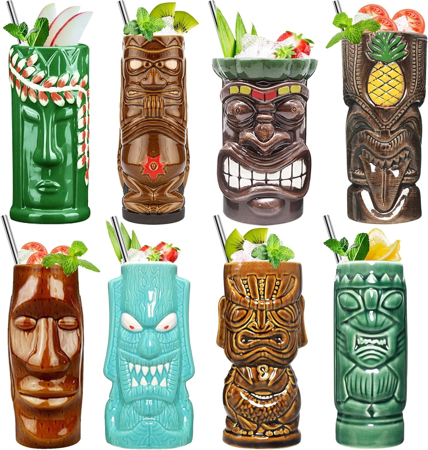 SuproBarware Tiki Mugs Set of 8 - Ceramic Hawaiian Party Drinkware for Cocktails