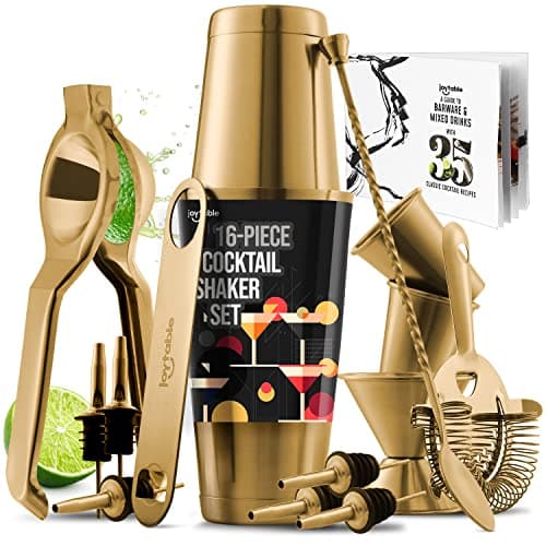 JoyTable Bar Set Cocktail Shaker Set - Stainless Steel Mixology Bartender Kit, 16PC Cocktail Kit, Gold Cocktail Set, Bar Tools: 30oz Martini Shaker, Muddler, Bar Kit Cocktail Book, Jigger and Pourers