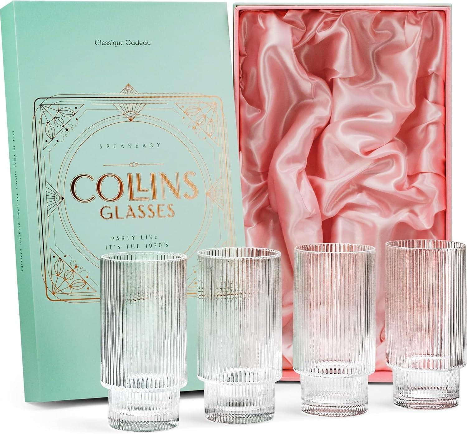 Vintage Art Deco Collins Ribbed Cocktail Glasses Set of 4, 14oz Crystal