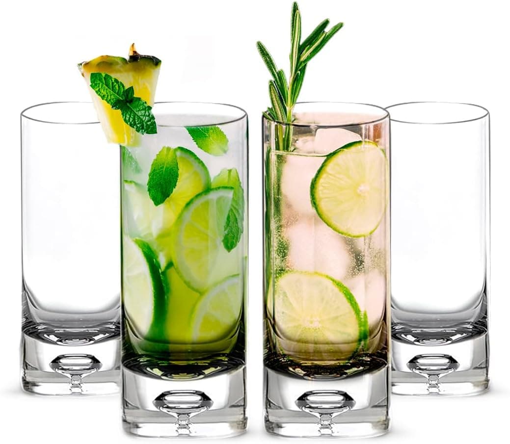 LEMONSODA Premium Crystal Bubble Base Highball Collins Glasses Set of 4, 12oz