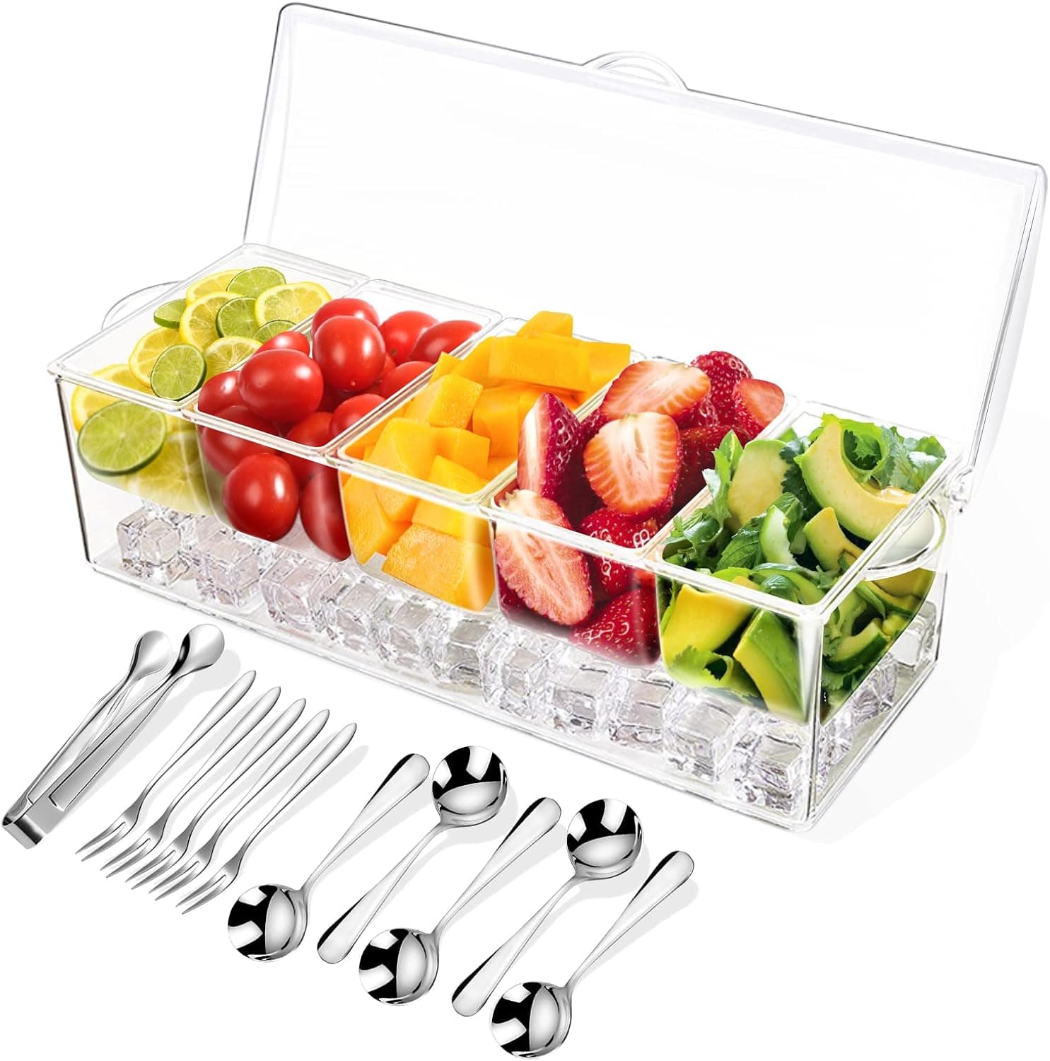 Condiment Tray with Stainless Steel Spoons/Forks, Chilled Bar Garnish Holder