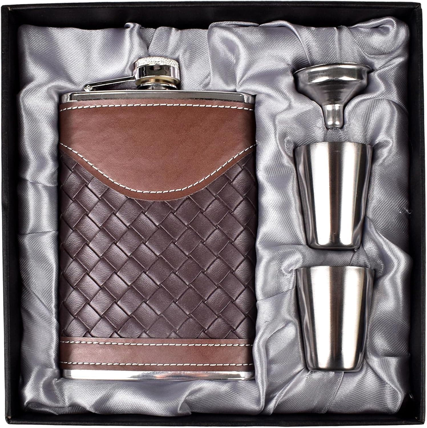LHD HOME 8oz Leather Hip Flask Gift Set with Funnel & Cups