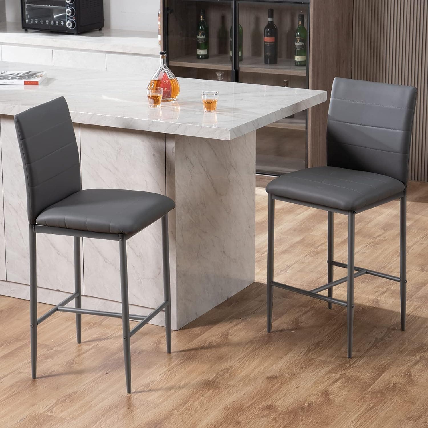Bacyion Counter Height Stools Set of 2, Modern PU Leather with Back, Grey