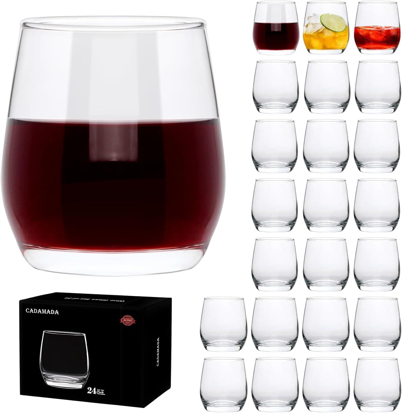 Cadamada Stemless Wine Glasses, 12oz, for Red or White, 24 pcs