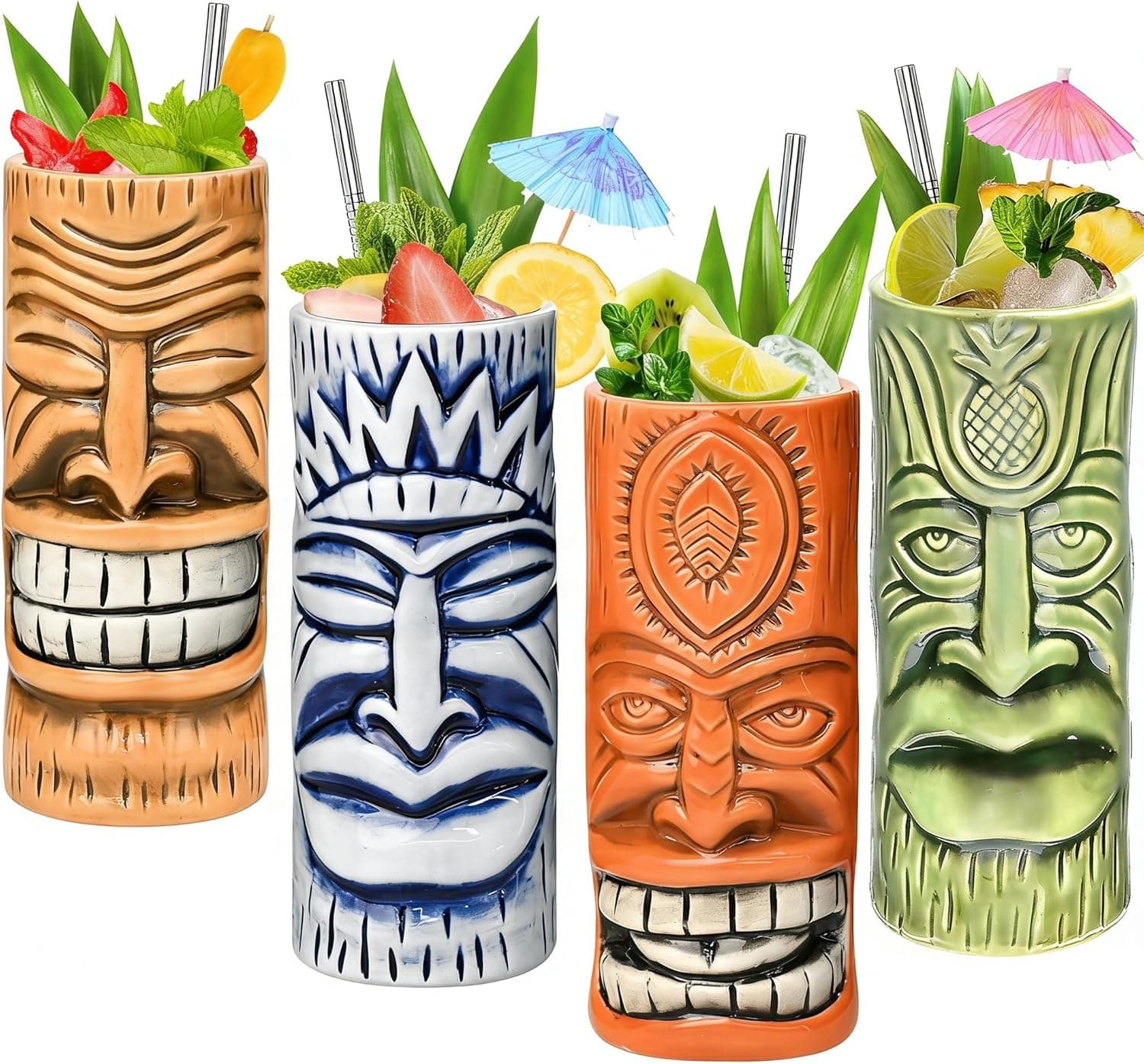 Tiki Mugs Set of 4 - Ceramic Tiki Glass Cocktail Cups, Bar & Party Barware