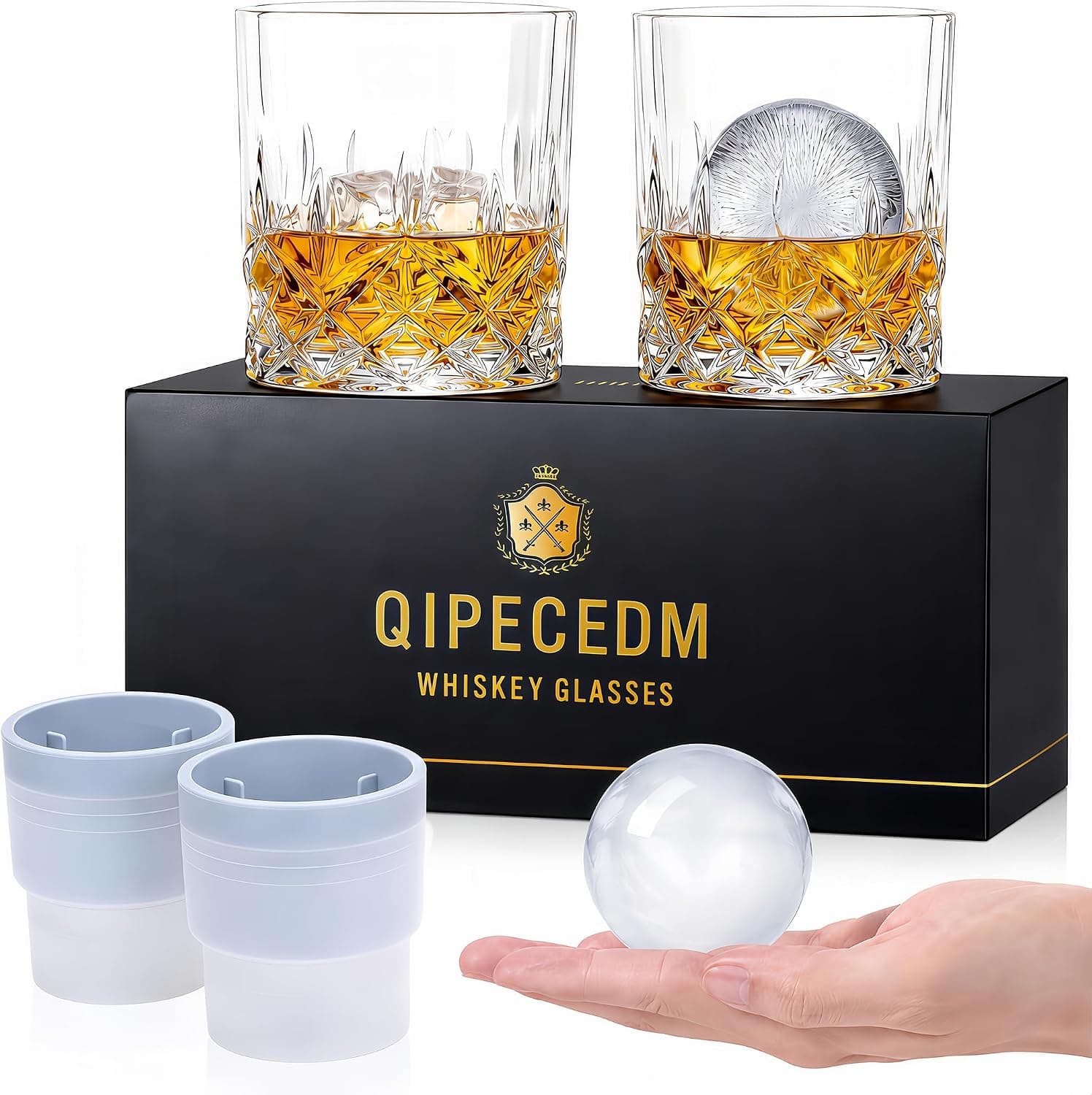 Qipecedm Old Fashioned Whiskey Glasses Set of 4 with Ice Ball Molds