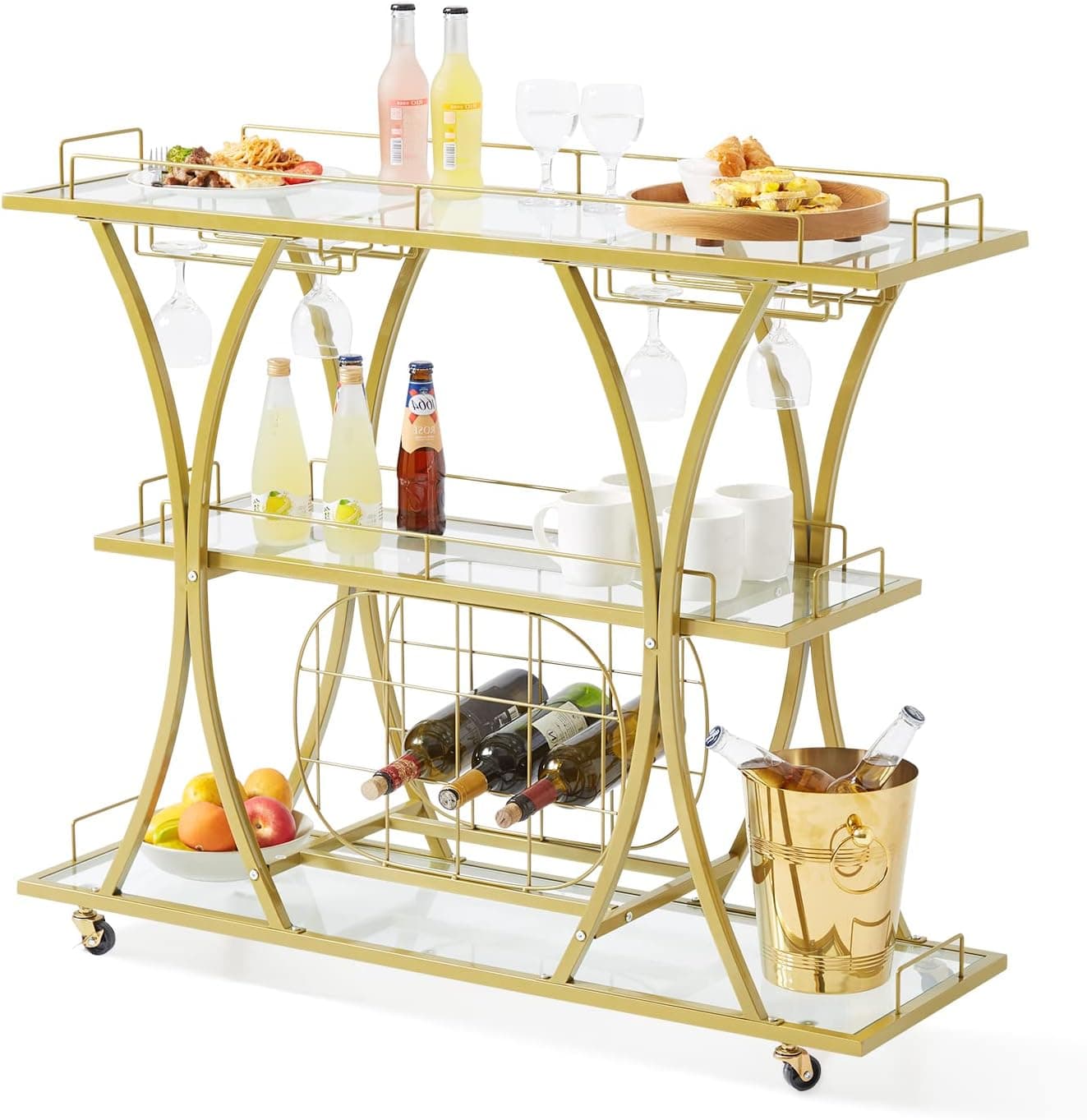 VEVOR Bar Cart Gold, 3 Tiers with Tempered Glass Shelves and Wine Rack