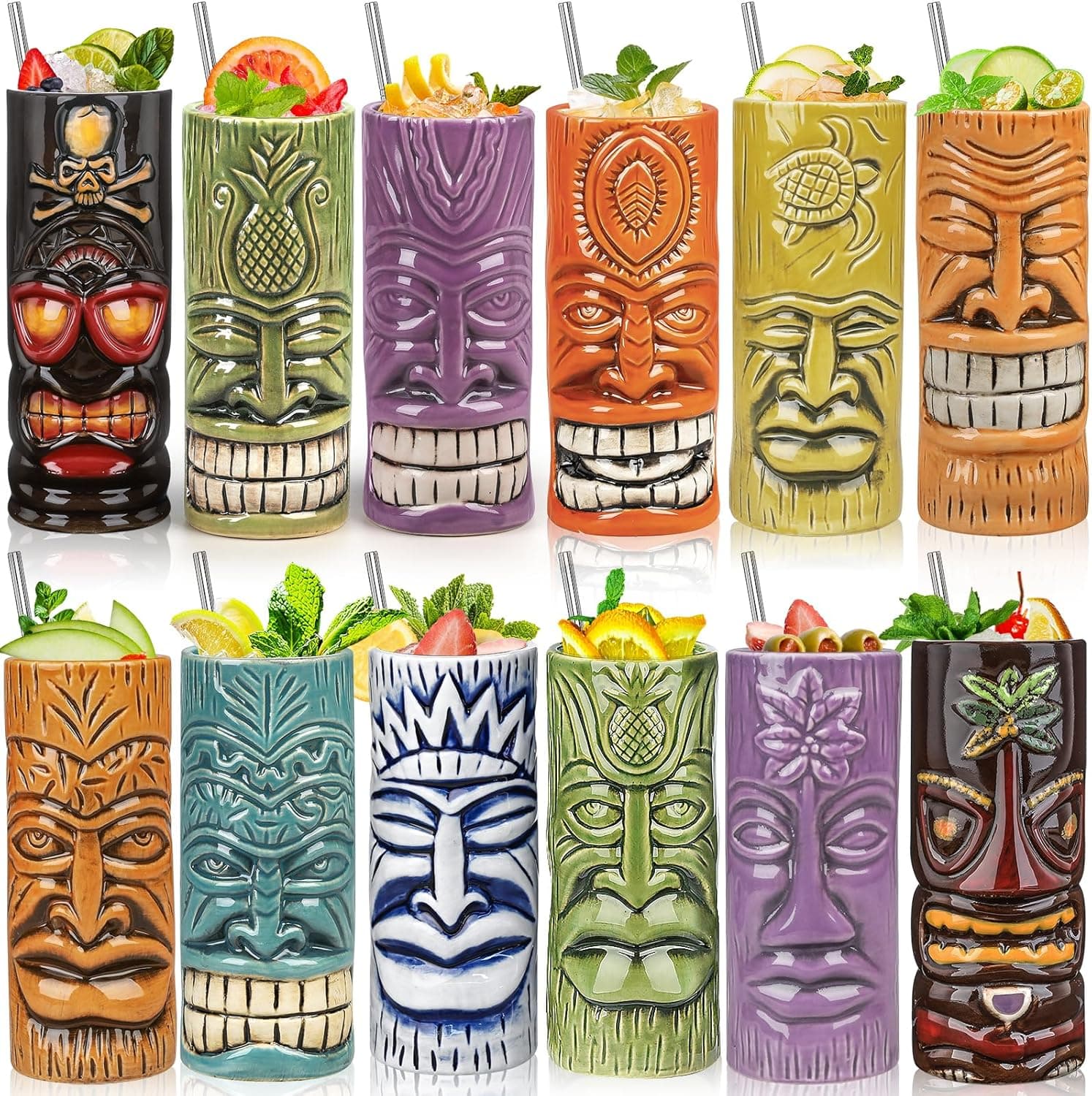 SuproBarware Tiki Mugs Set of 12 - Large Ceramic Cocktail Tiki Glasses
