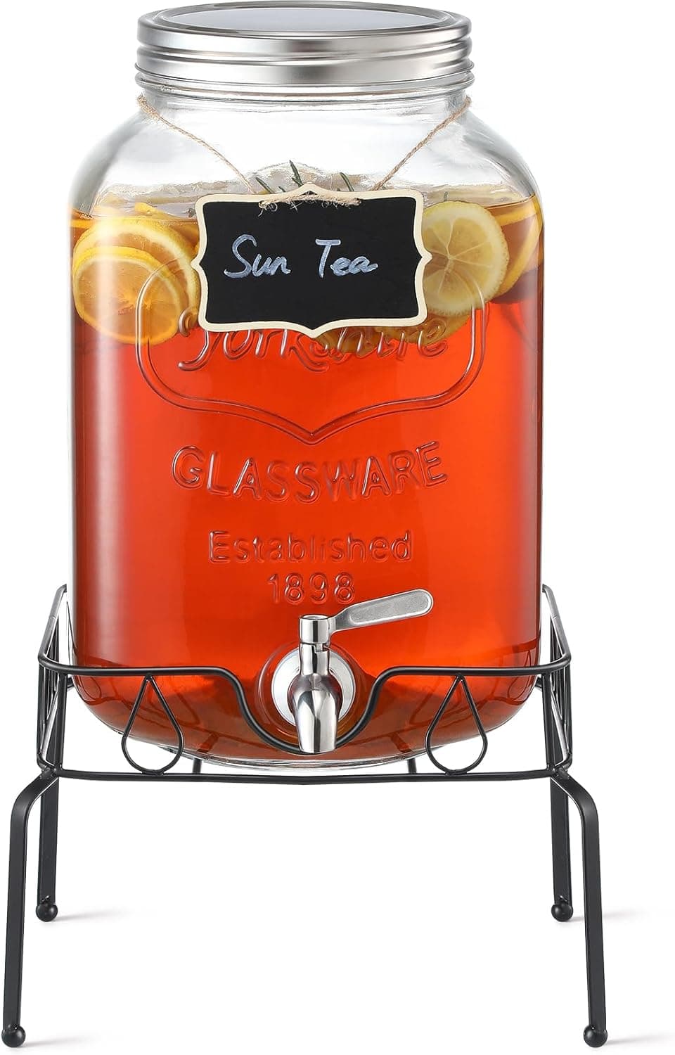 2 Gallon Glass Beverage Dispenser with Stand & Steel Spigot