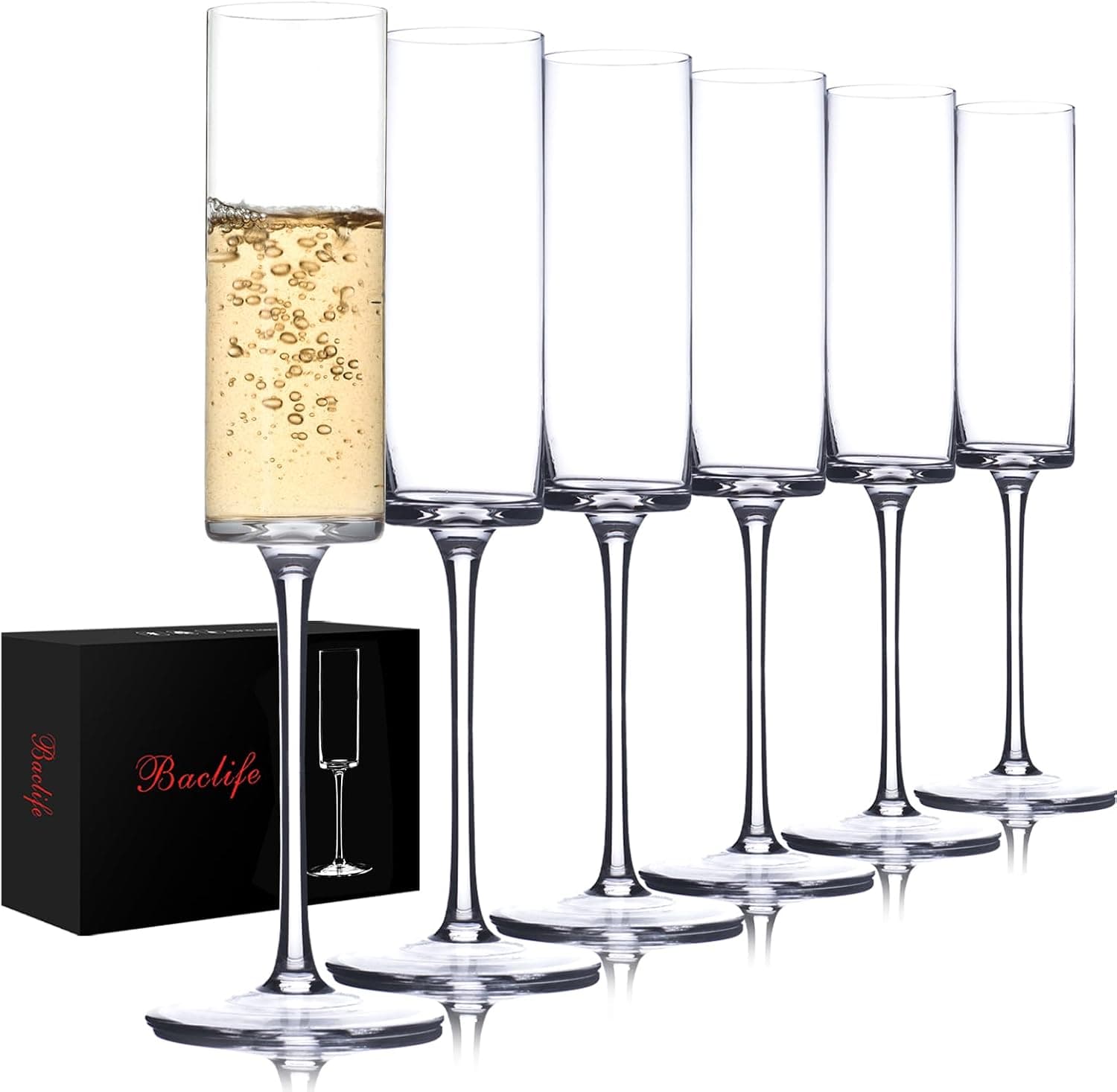 BACLIFE Crystal Champagne Flutes Set of 6, Hand Blown 6.5oz