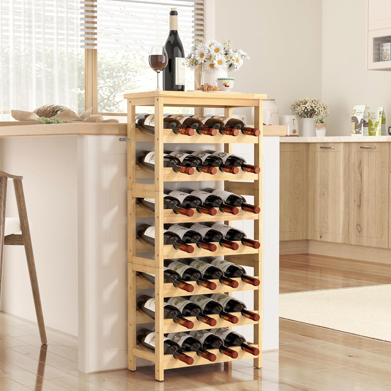 28-Bottle Wine Rack Free Standing Floor, Solid Wood 7-Tier with Tabletop, Oak